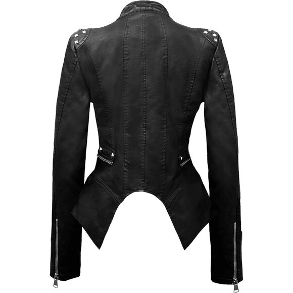 Women's Faux Leather Moto Biker Jacket Long Sleeves with Pockets Jk44169 Black - Picture 4 of 6